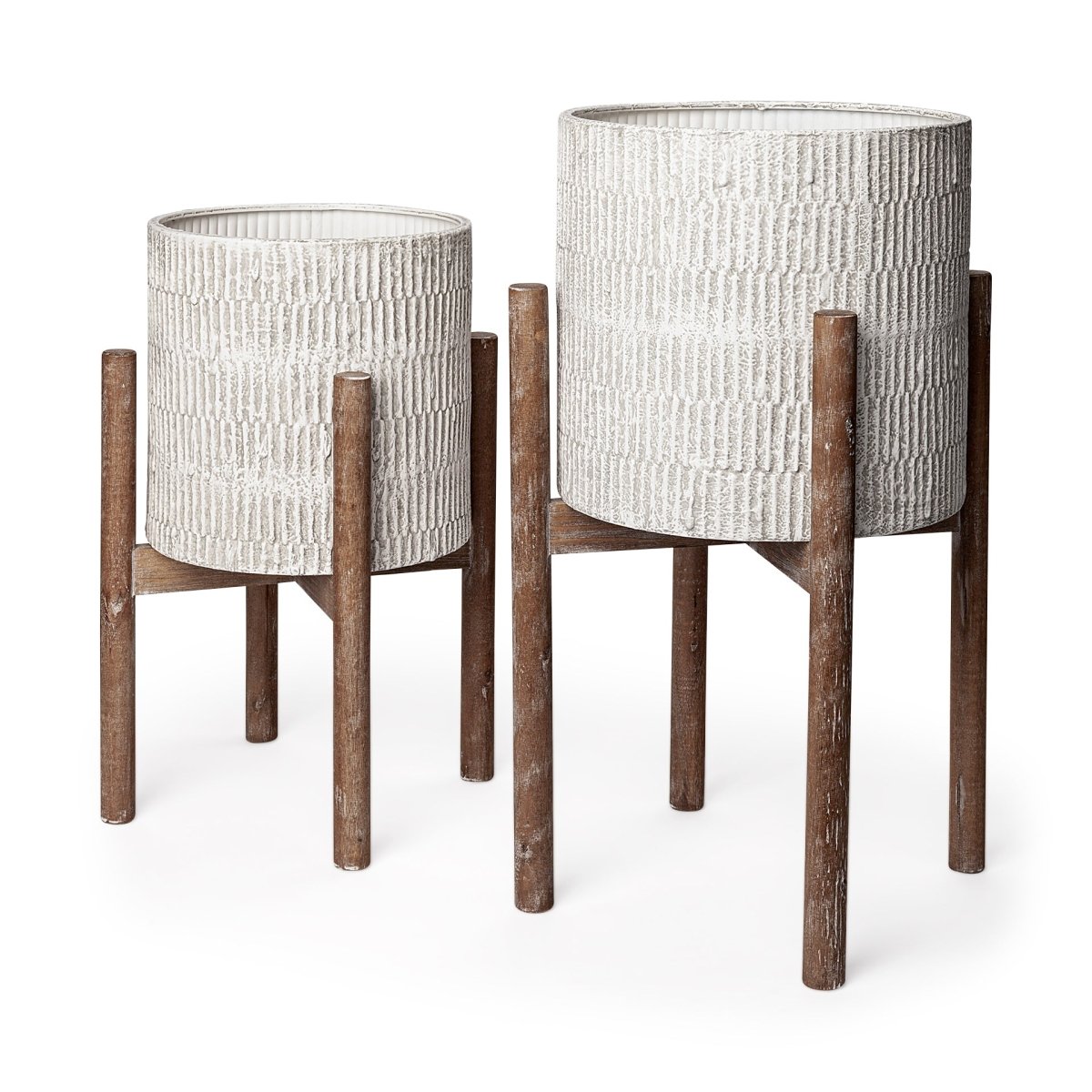 Groot Set of Two 11.8 x 23 Eggshell Ceramic Wooden Base Plant Stands