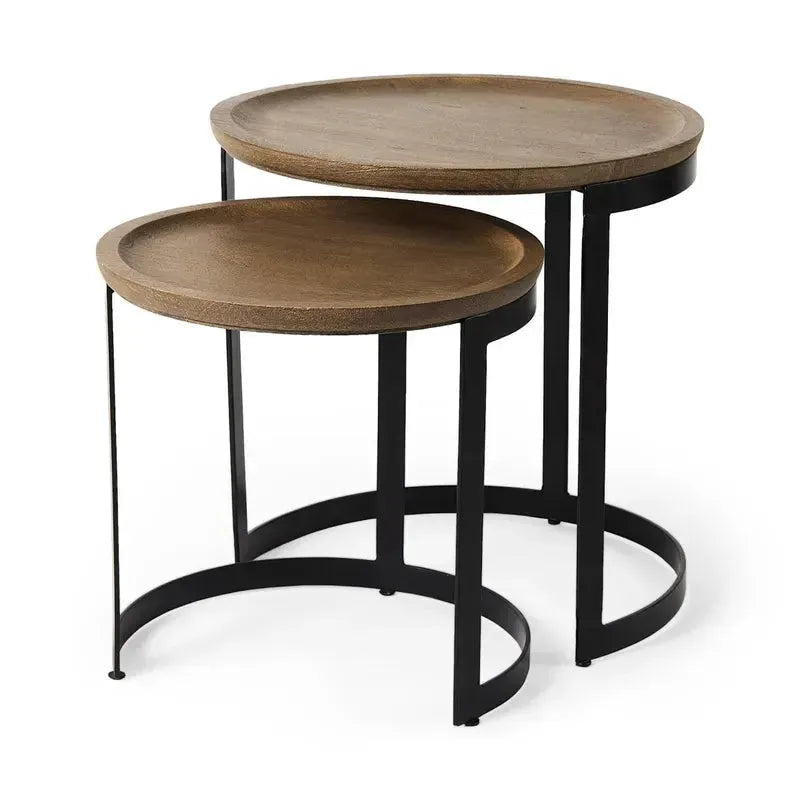 Aisley (Set of 2) 19.3L x 19.3W x 19H Light Brown Wood W/ Black Metal Base Round Nesting Side Tables - 1Stylish Nest