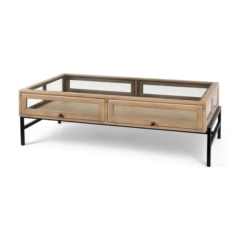 Arelius 42"L Rectangular Light Brown Wood w/ Black Metal Base Display Coffee Table - 1Stylish Nest