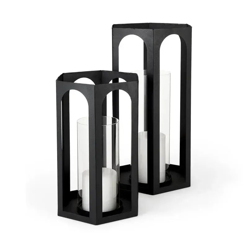 Balley 9.4L x 9.4W x 19.7H Set of Two Matte Black Metal Hexagonal Candle Holder Lanterns - 1Stylish Nest