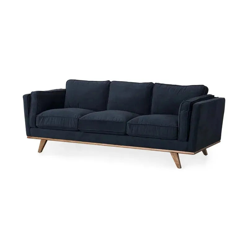 Brooks 90.2L x 34.8W x 33.5H Navy Blue Fabric Three Seater Sofa W/ Medium Brown Wooden Legs - 1Stylish Nest