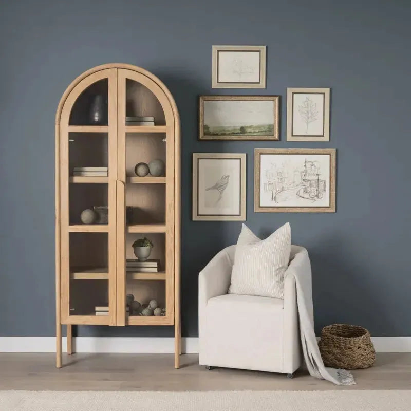 Callum Light Brown Elm Wood w/ Glass Doors Arched Curio Cabinet - 1Stylish Nest