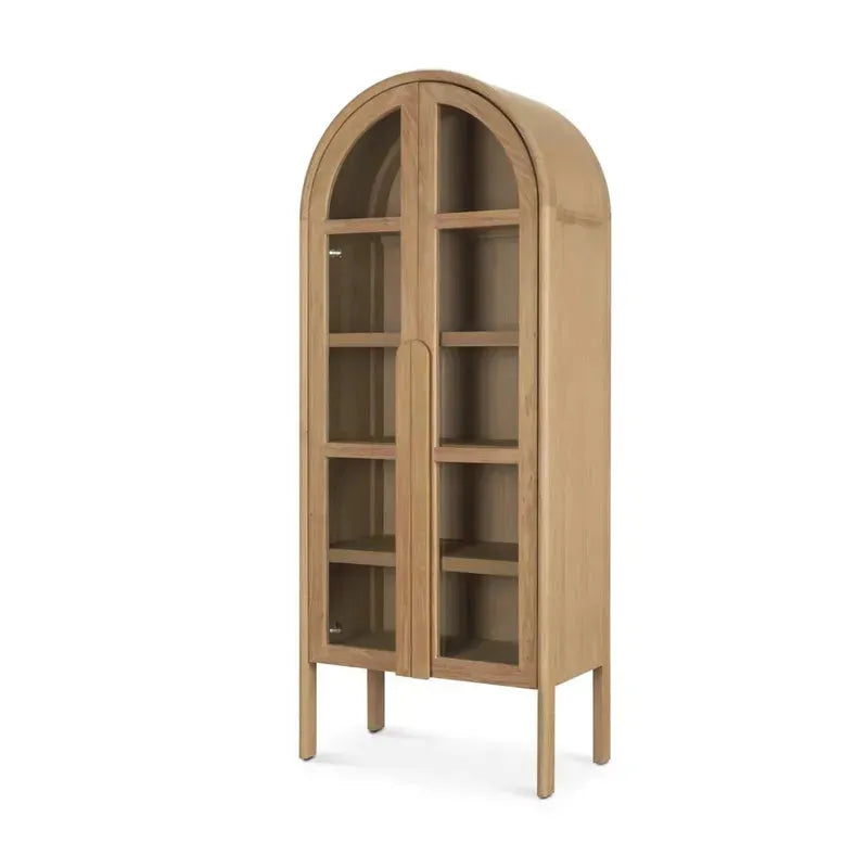 Callum Light Brown Elm Wood w/ Glass Doors Arched Curio Cabinet - 1Stylish Nest