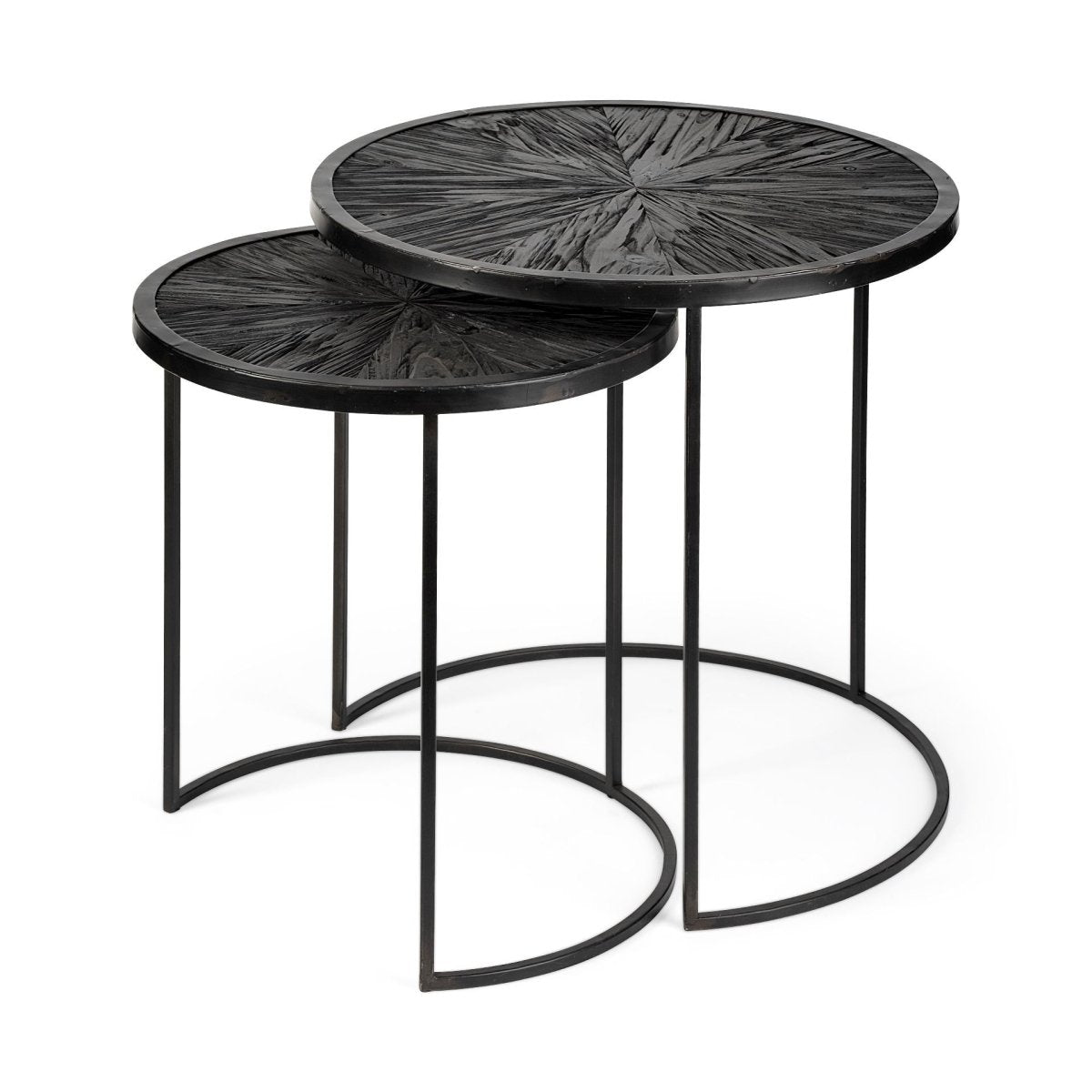 Chakra 19.7" Set of Two Round Dark Wood Top Black Frame Accent Tables - 1Stylish Nest