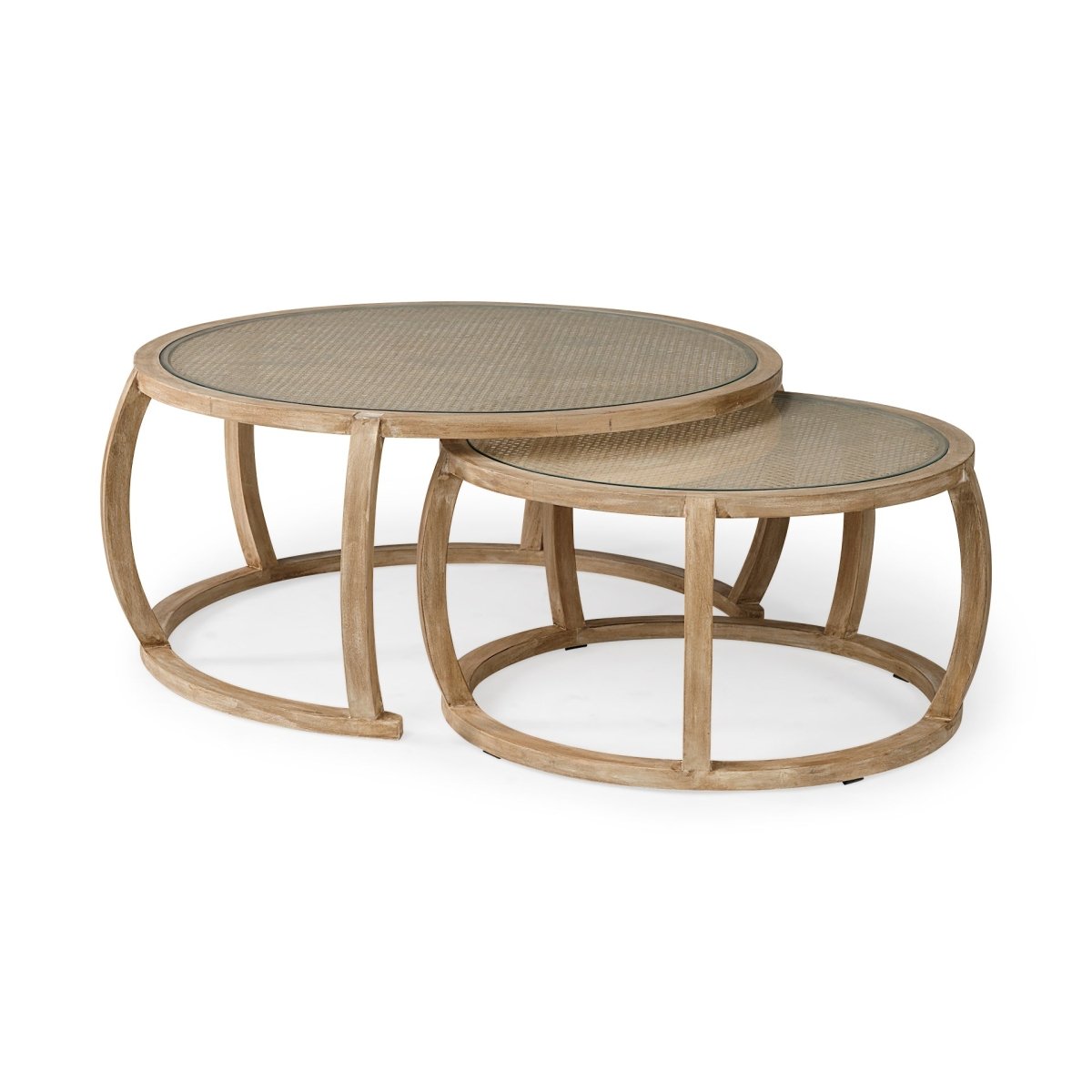 Hubbard Set of 2 Round Woven Cane w/Glass Top Solid Wood Base Coffee Tables - 1Stylish Nest