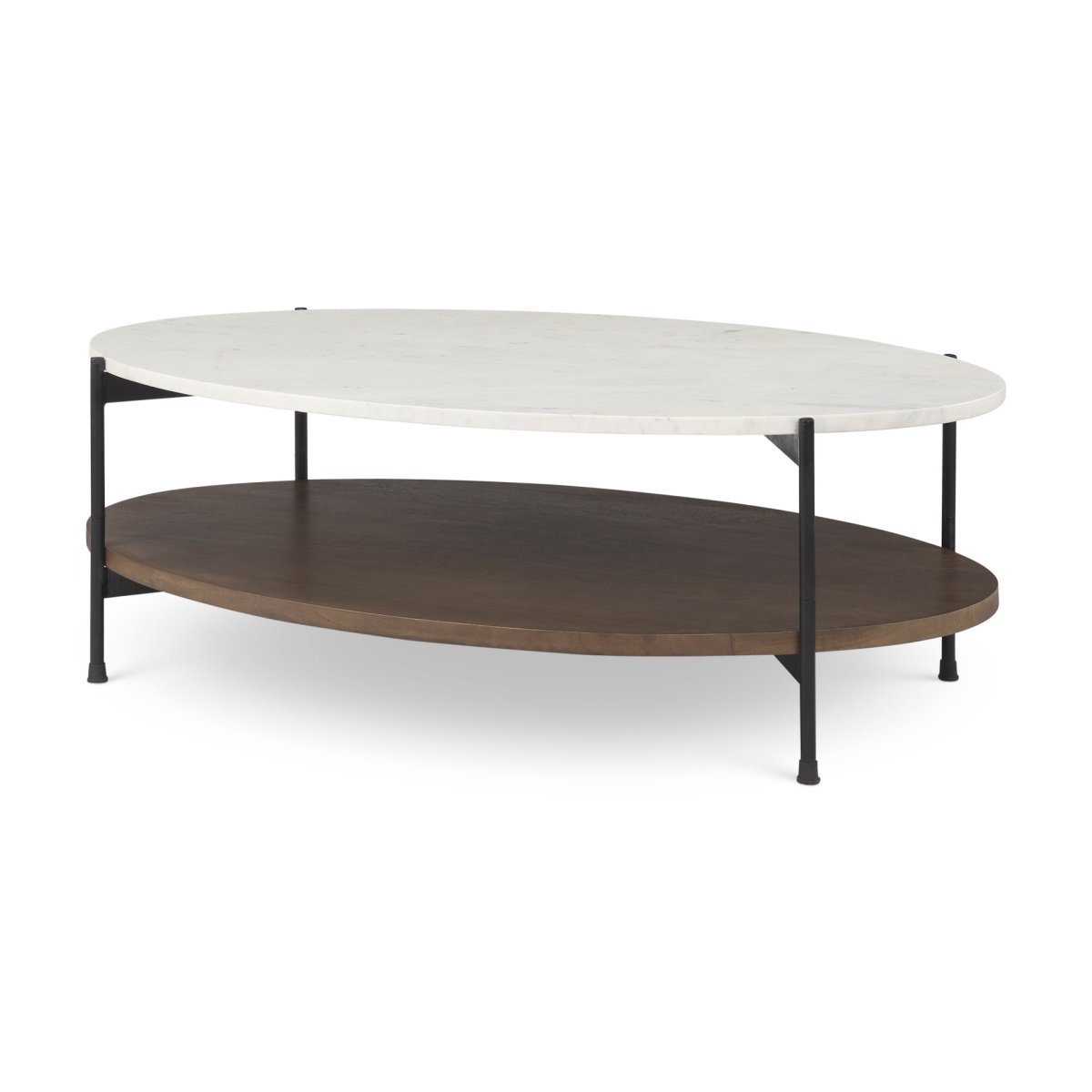 Larkin White Marble Top w/ Dark Brown Wood Shelf Oval Coffee Table - 1Stylish Nest