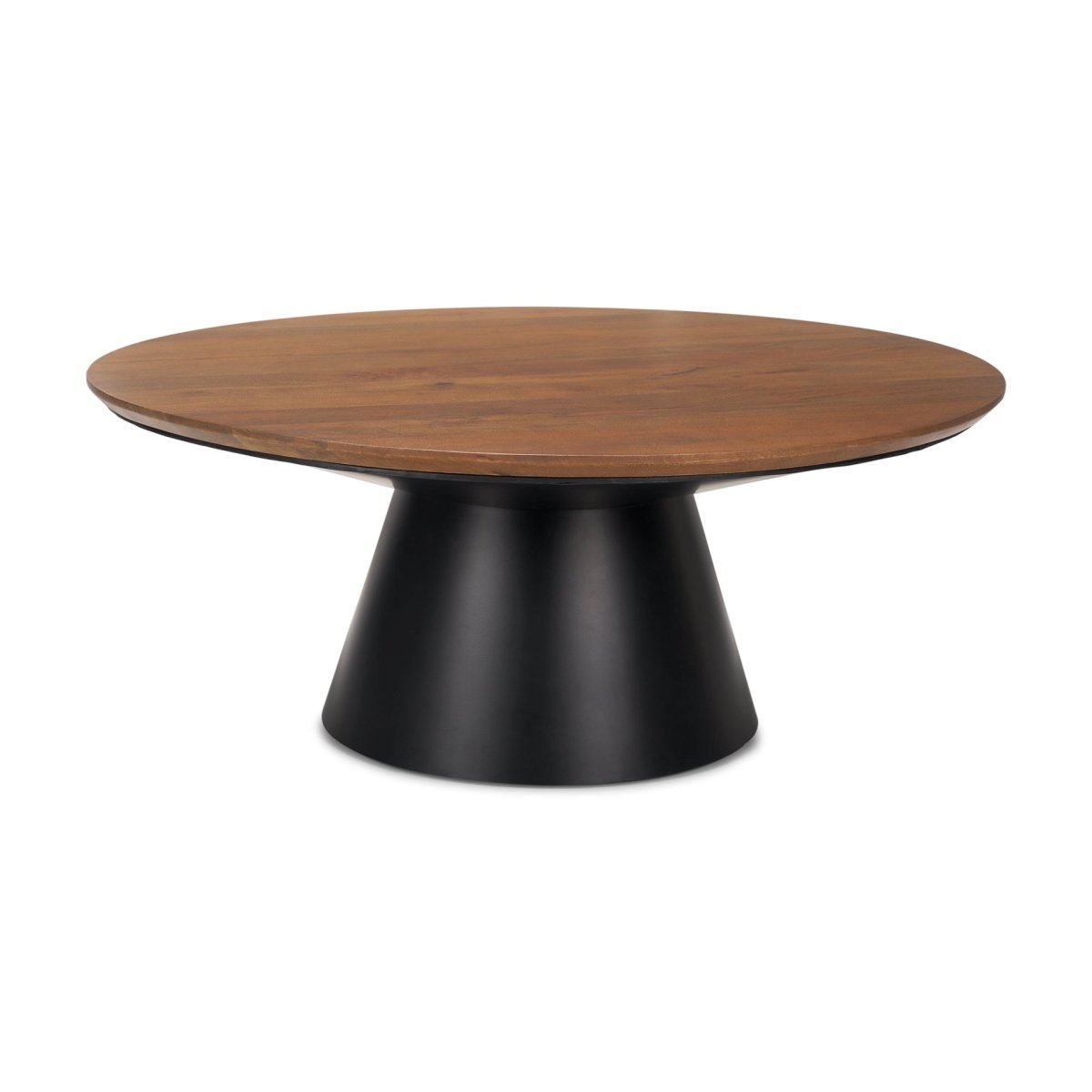 Mitchell 40.0L x 40.0W x 16.0H Black Metal Pedestal Base with Brown Wood Top Coffee Table - 1Stylish Nest