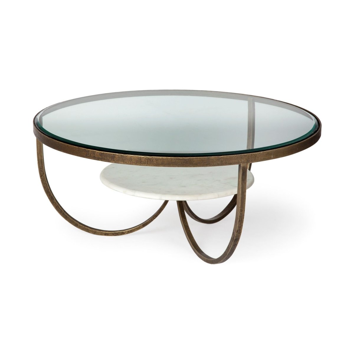 Reinhardt 36" Round Glass Top Marble Shelf Gold Metal Base Coffee Table - 1Stylish Nest